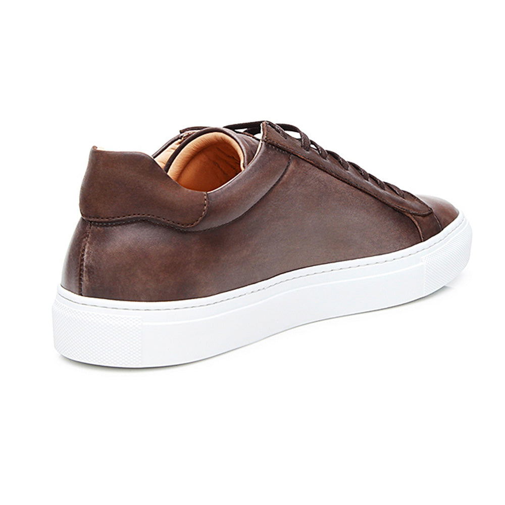 Brown Patina Finish Leather Low Top Lace Up Sneaker for Men. White Comfortable Cup Sole.