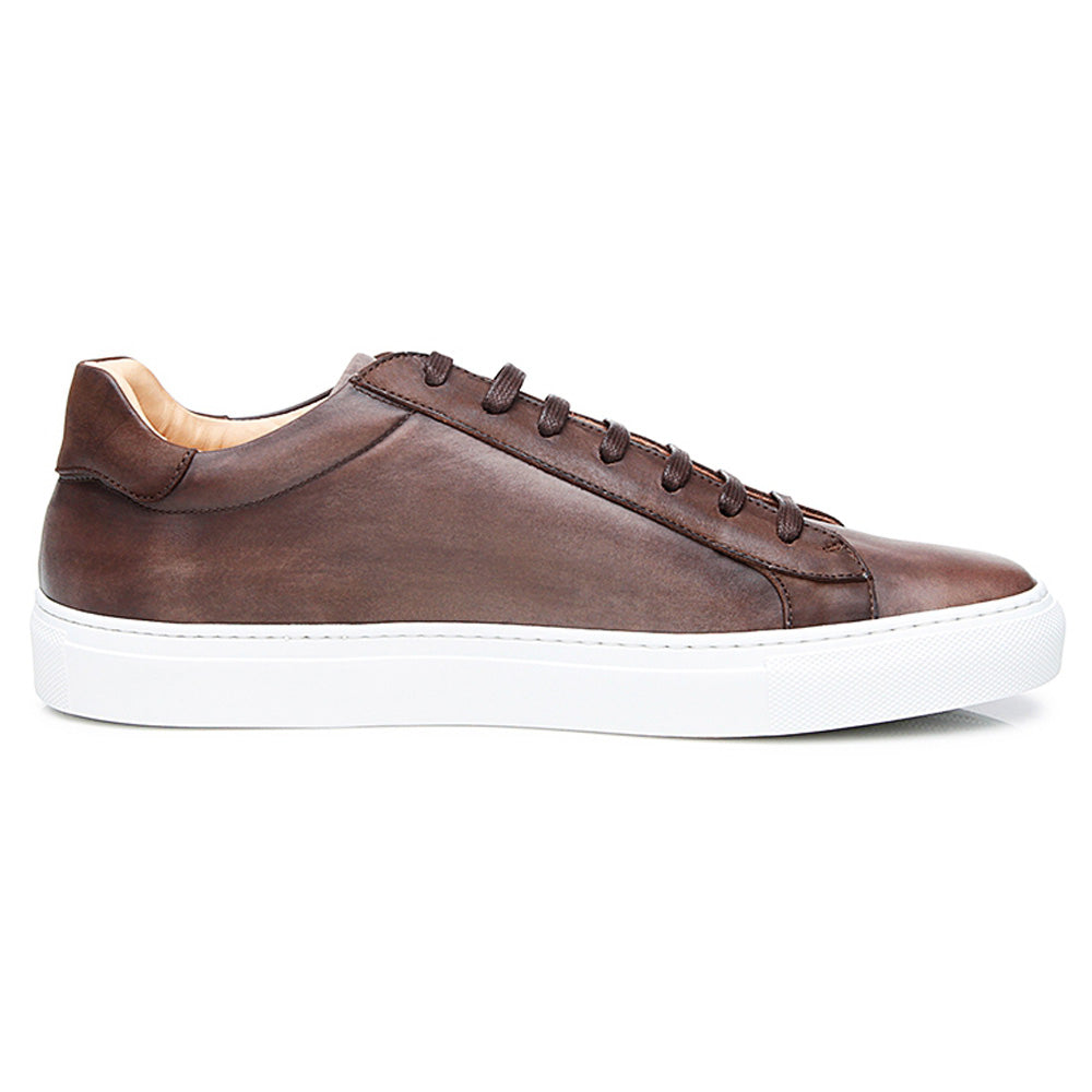 Brown Patina Finish Leather Low Top Lace Up Sneaker for Men. White Comfortable Cup Sole.
