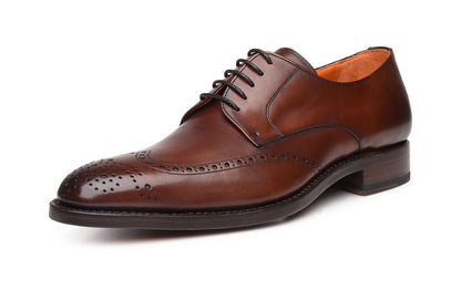 Dark Brown Leather Formal Derby Wingtip Brogue Lace Up Shoes for Men with Leather Sole. Goodyear Welted Construction Available.