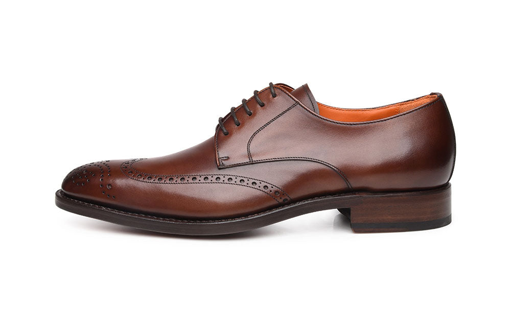 Dark Brown Leather Formal Derby Wingtip Brogue Lace Up Shoes for Men with Leather Sole. Goodyear Welted Construction Available.