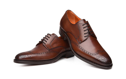 Dark Brown Leather Formal Derby Wingtip Brogue Lace Up Shoes for Men with Leather Sole. Goodyear Welted Construction Available.