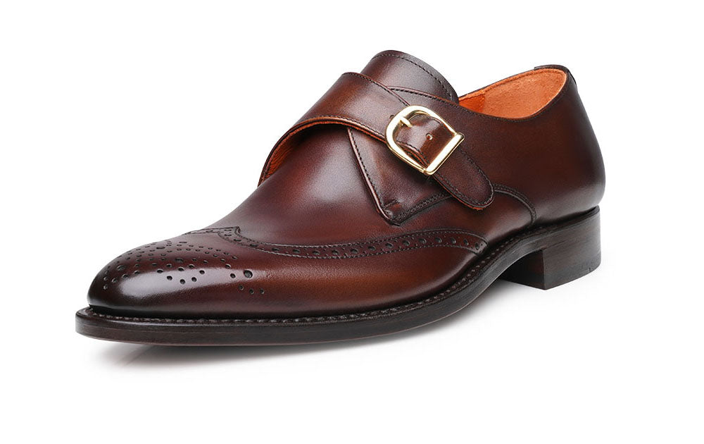 Brown Leather Wingtip Brogue Formal Single Monk Strap Buckle Shoes for Men with Leather Sole. Goodyear Welted Construction Available.