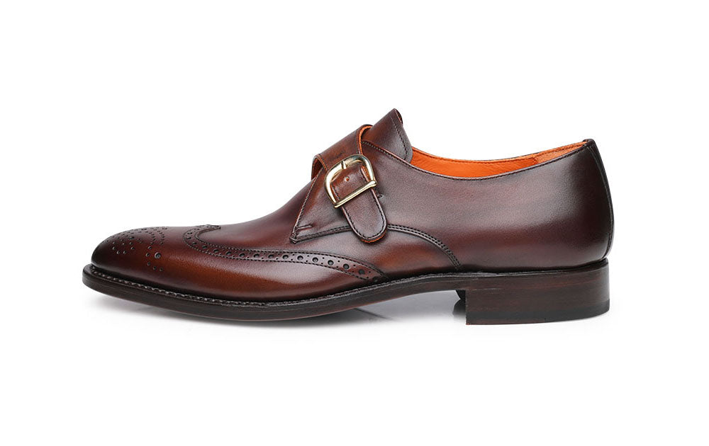 Brown Leather Wingtip Brogue Formal Single Monk Strap Buckle Shoes for Men with Leather Sole. Goodyear Welted Construction Available.