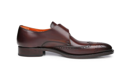 Brown Leather Wingtip Brogue Formal Single Monk Strap Buckle Shoes for Men with Leather Sole. Goodyear Welted Construction Available.
