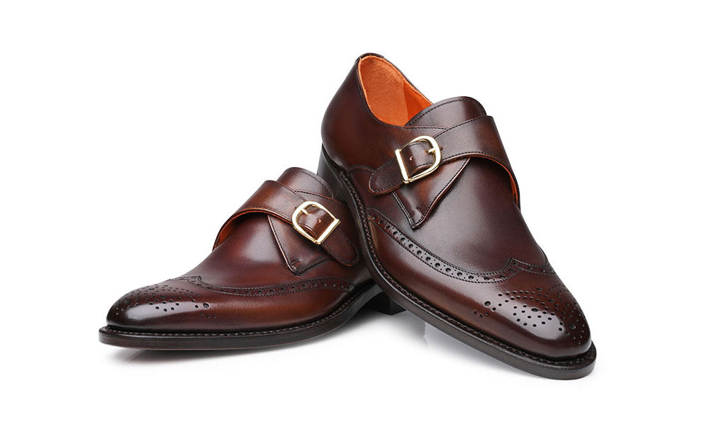 Brown Leather Wingtip Brogue Formal Single Monk Strap Buckle Shoes for Men with Leather Sole. Goodyear Welted Construction Available.