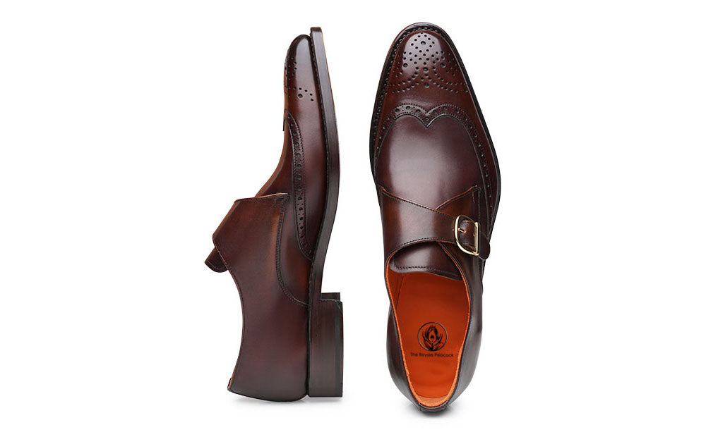Brown Leather Wingtip Brogue Formal Single Monk Strap Buckle Shoes for Men with Leather Sole. Goodyear Welted Construction Available.