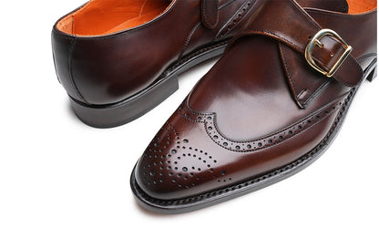 Brown Leather Wingtip Brogue Formal Single Monk Strap Buckle Shoes for Men with Leather Sole. Goodyear Welted Construction Available.