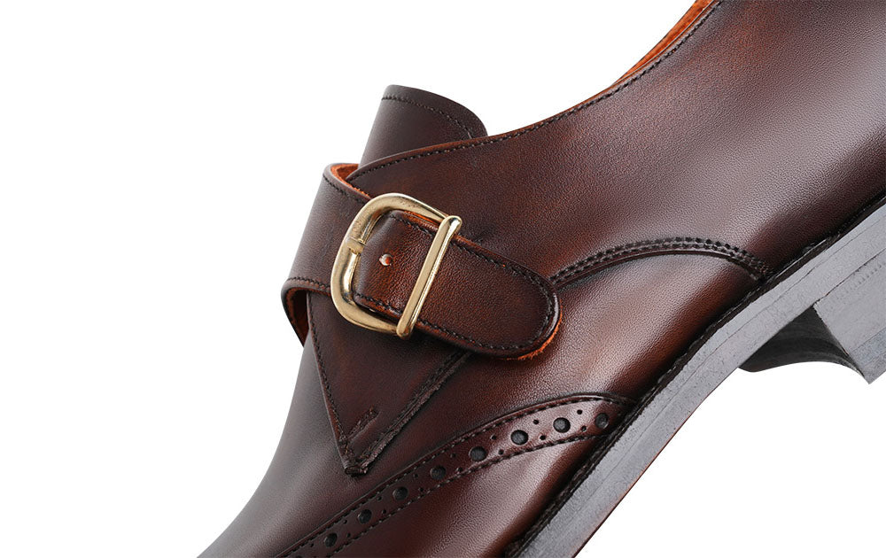 Brown Leather Wingtip Brogue Formal Single Monk Strap Buckle Shoes for Men with Leather Sole. Goodyear Welted Construction Available.