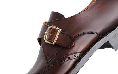 Brown Leather Wingtip Brogue Formal Single Monk Strap Buckle Shoes for Men with Leather Sole. Goodyear Welted Construction Available.