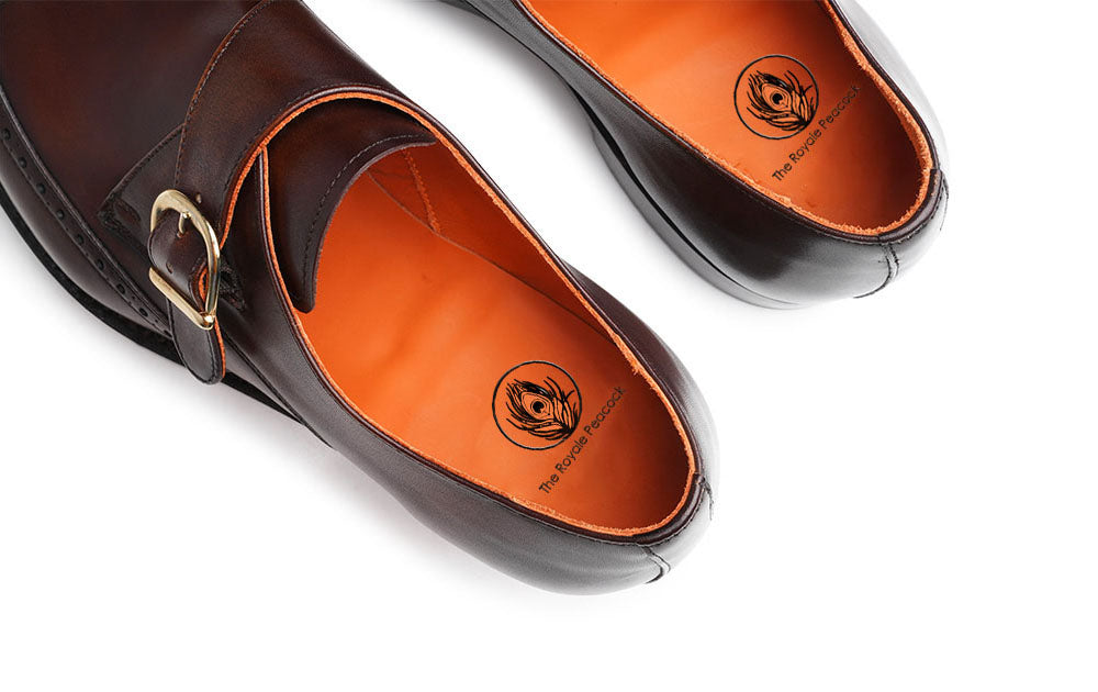 Brown Leather Wingtip Brogue Formal Single Monk Strap Buckle Shoes for Men with Leather Sole. Goodyear Welted Construction Available.