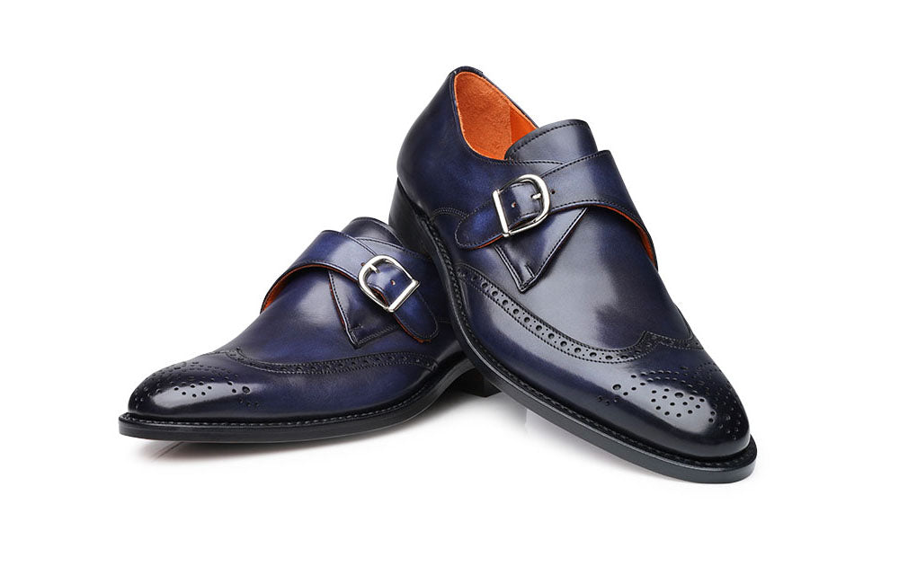 Navy Blue Leather Wingtip Brogue Formal Single Monk Strap Buckle Shoes for Men with Leather Sole. Goodyear Welted Construction Available.