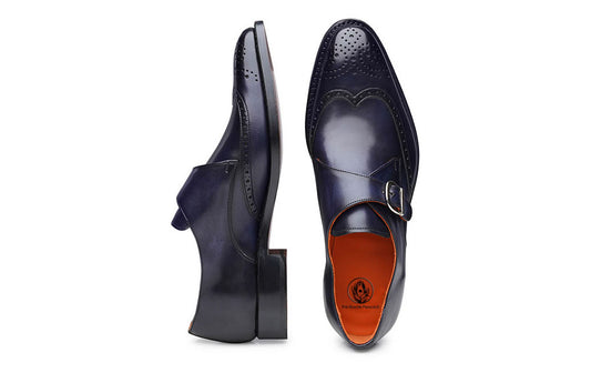 Navy Blue Leather Wingtip Brogue Formal Single Monk Strap Buckle Shoes for Men with Leather Sole. Goodyear Welted Construction Available.