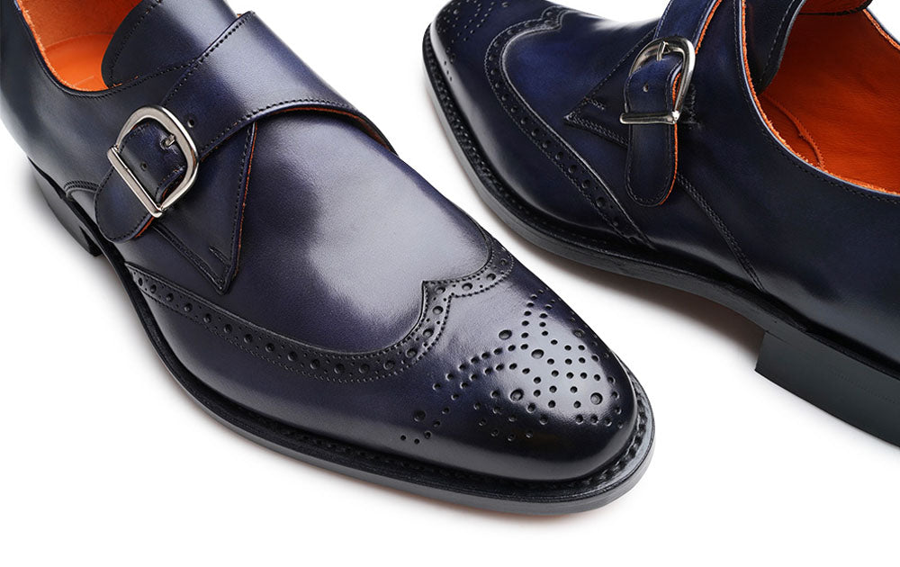 Navy Blue Leather Wingtip Brogue Formal Single Monk Strap Buckle Shoes for Men with Leather Sole. Goodyear Welted Construction Available.