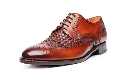 Tan Patina Finish Woven Braided Leather Formal Oxford Wingtip Brogue Lace Up Shoes for Men with Leather Sole. Goodyear Welted Construction Available.