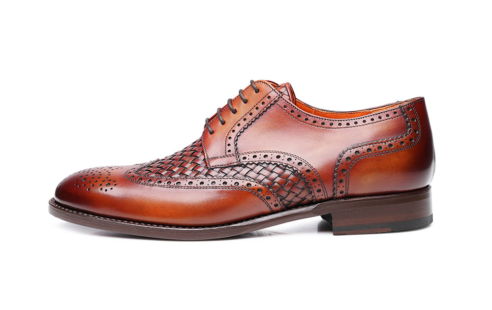 Tan Patina Finish Woven Braided Leather Formal Oxford Wingtip Brogue Lace Up Shoes for Men with Leather Sole. Goodyear Welted Construction Available.