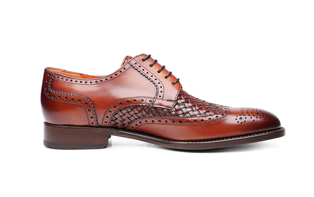 Tan Patina Finish Woven Braided Leather Formal Oxford Wingtip Brogue Lace Up Shoes for Men with Leather Sole. Goodyear Welted Construction Available.