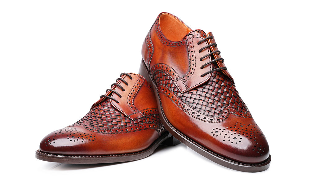 Tan Patina Finish Woven Braided Leather Formal Oxford Wingtip Brogue Lace Up Shoes for Men with Leather Sole. Goodyear Welted Construction Available.