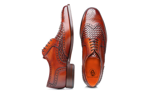 Tan Patina Finish Woven Braided Leather Formal Oxford Wingtip Brogue Lace Up Shoes for Men with Leather Sole. Goodyear Welted Construction Available.