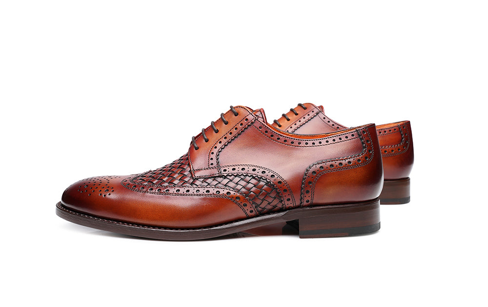 Tan Patina Finish Woven Braided Leather Formal Oxford Wingtip Brogue Lace Up Shoes for Men with Leather Sole. Goodyear Welted Construction Available.
