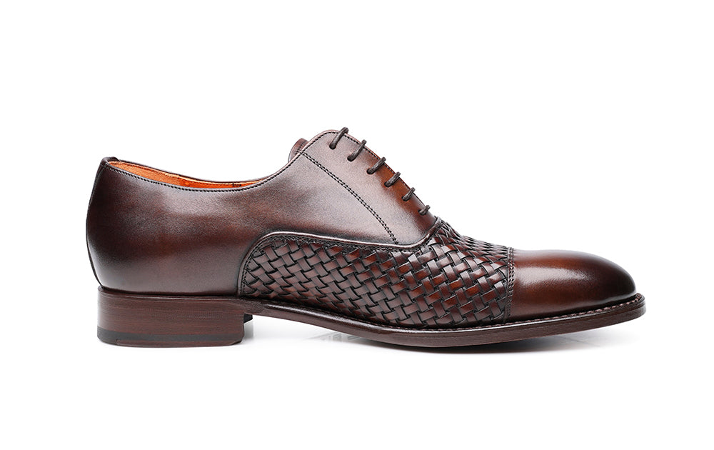 Dark Brown Leather Braided Woven Formal Toe Cap Oxford Lace Up Shoes for Men with Leather Sole. Goodyear Welted Construction Available.