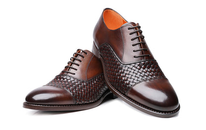 Dark Brown Leather Braided Woven Formal Toe Cap Oxford Lace Up Shoes for Men with Leather Sole. Goodyear Welted Construction Available.