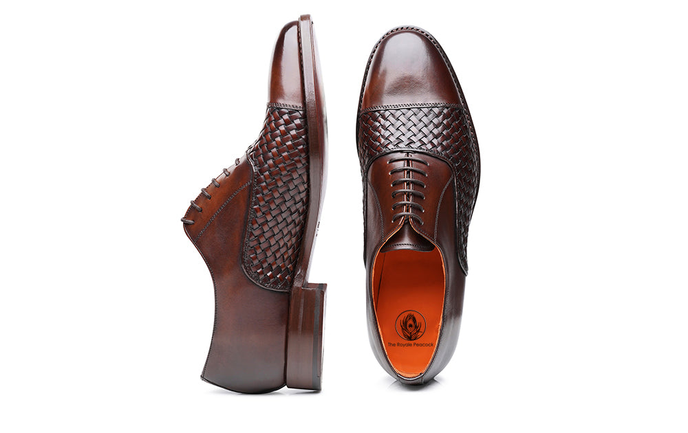 Dark Brown Leather Braided Woven Formal Toe Cap Oxford Lace Up Shoes for Men with Leather Sole. Goodyear Welted Construction Available.