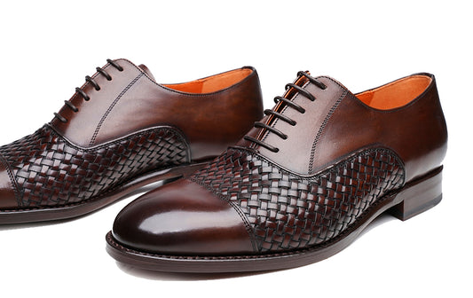 Dark Brown Leather Braided Woven Formal Toe Cap Oxford Lace Up Shoes for Men with Leather Sole. Goodyear Welted Construction Available.