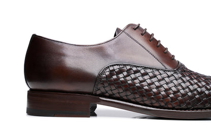 Dark Brown Leather Braided Woven Formal Toe Cap Oxford Lace Up Shoes for Men with Leather Sole. Goodyear Welted Construction Available.