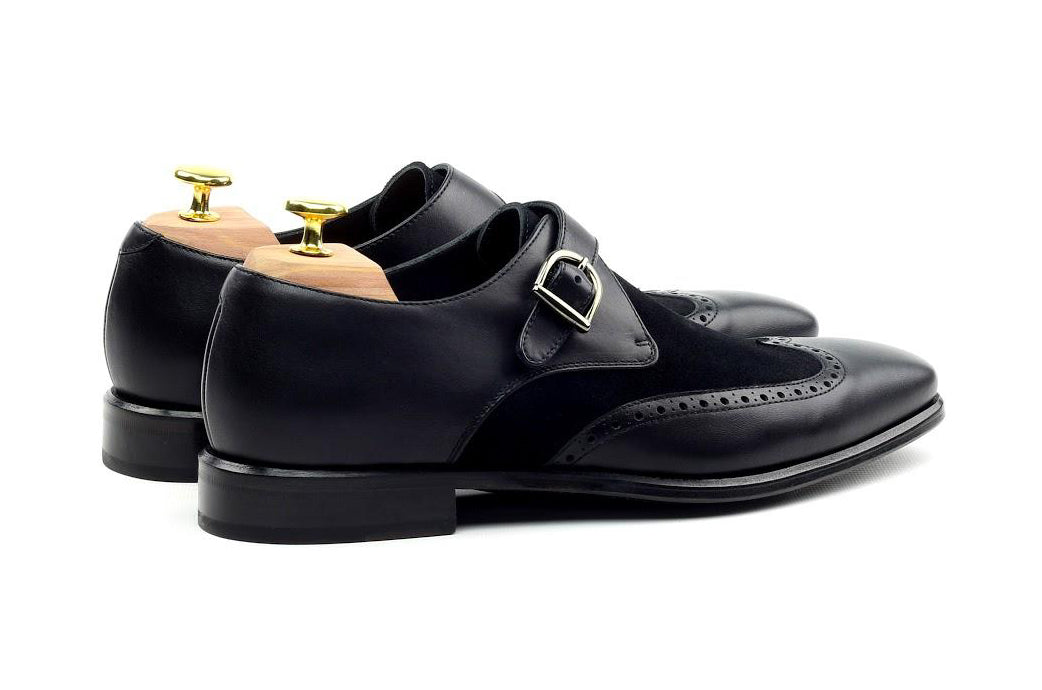 Black Suede Leather Formal Wingtip Brogue Single Monk Strap Buckle Shoes for Men with Leather Sole. Goodyear Welted Construction Available.