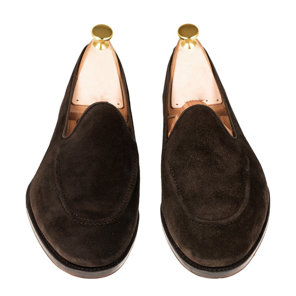 Dark Brown Suede Leather Formal Loafer Slip On Shoes for Men with Leather Sole. Goodyear Welted Construction Available.