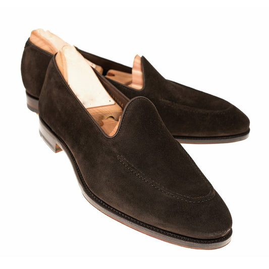 Dark Brown Suede Leather Formal Loafer Slip On Shoes for Men with Leather Sole. Goodyear Welted Construction Available.