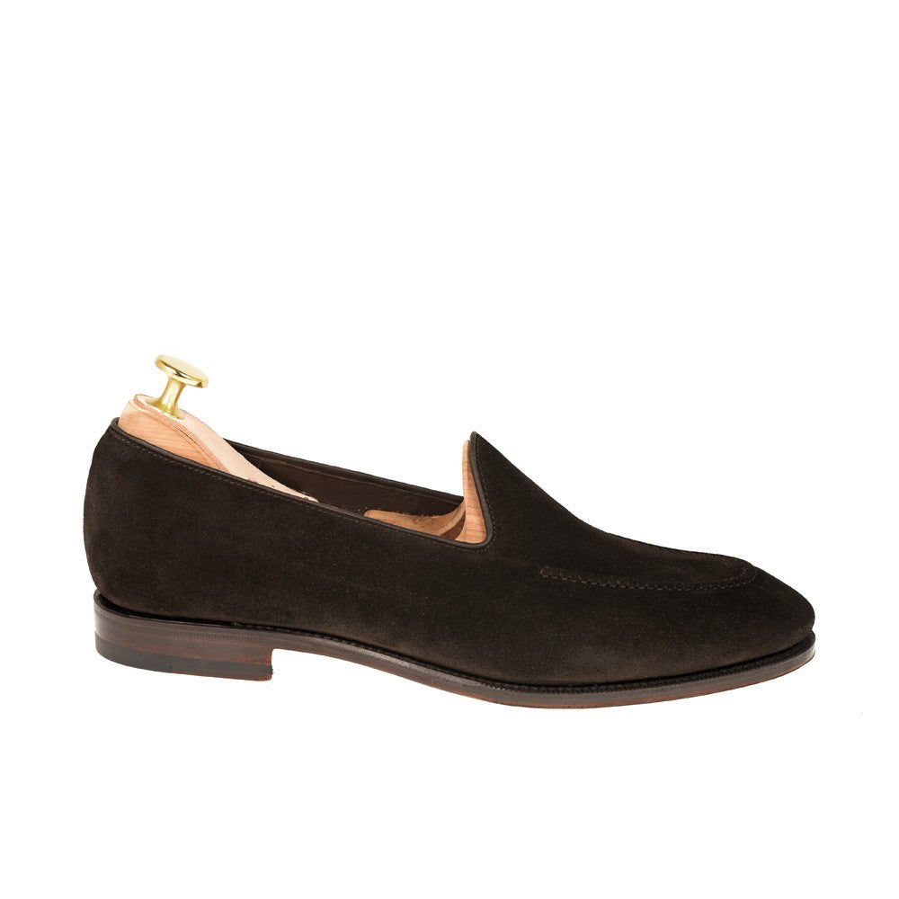 Dark Brown Suede Leather Formal Loafer Slip On Shoes for Men with Leather Sole. Goodyear Welted Construction Available.