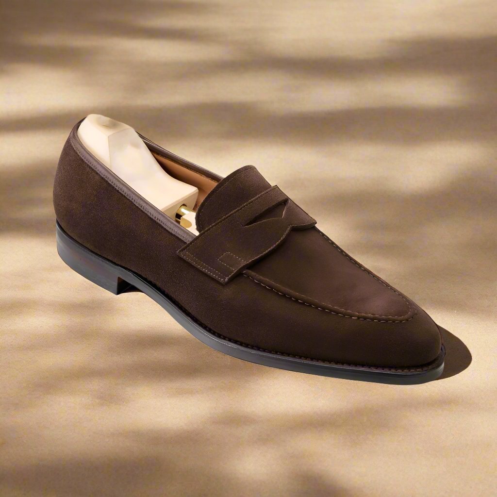 Dark Brown Suede Leather Formal Penny Loafer Slip On Shoes for Men with Leather Sole. Goodyear Welted Construction Available.