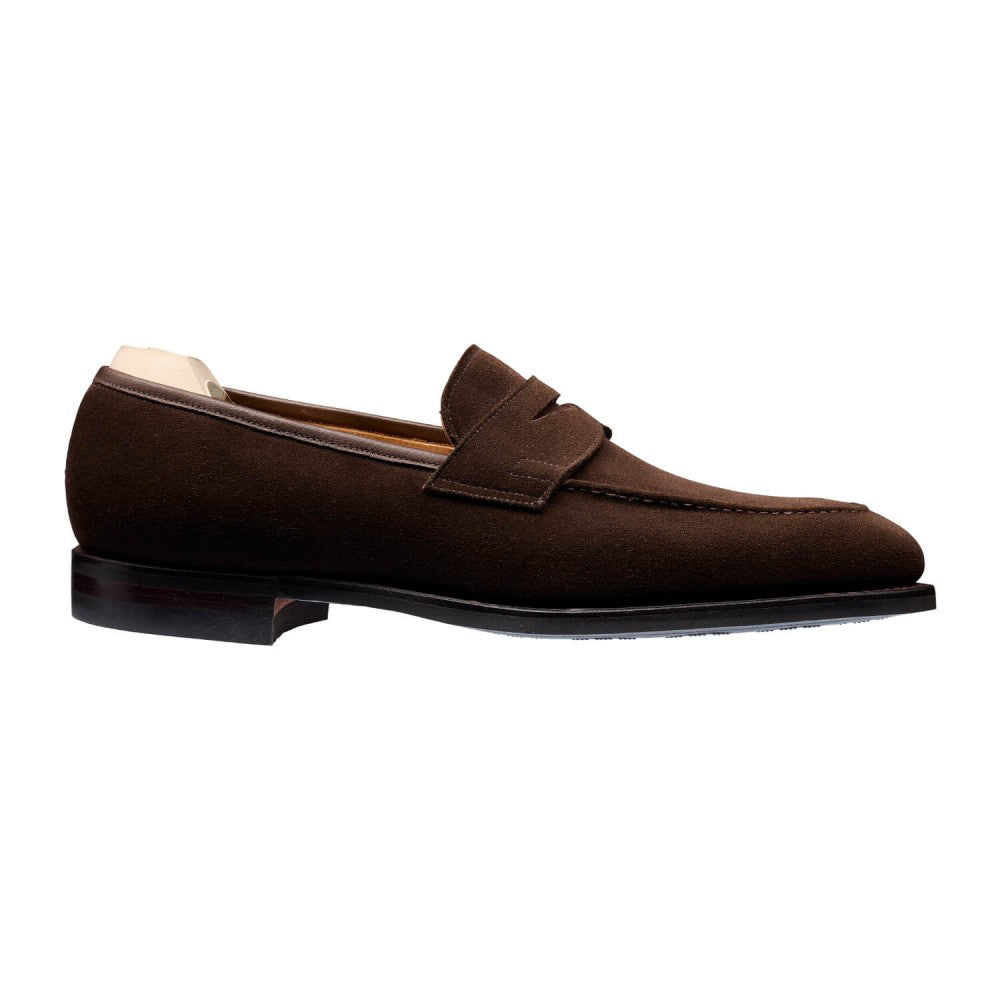 Dark Brown Suede Leather Formal Penny Loafer Slip On Shoes for Men with Leather Sole. Goodyear Welted Construction Available.